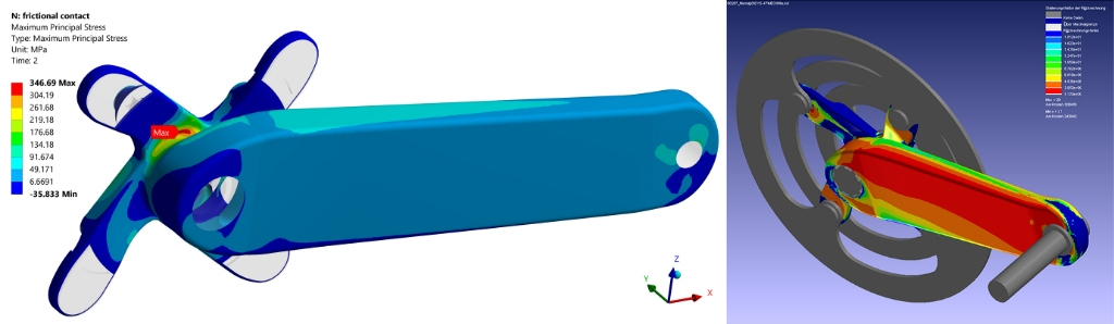 Stress distribution (of the 1st principal stress) on an optimised bicycle crank made of AM AlSi10MgT6 and numerical Life prediction with nCode DesignLife